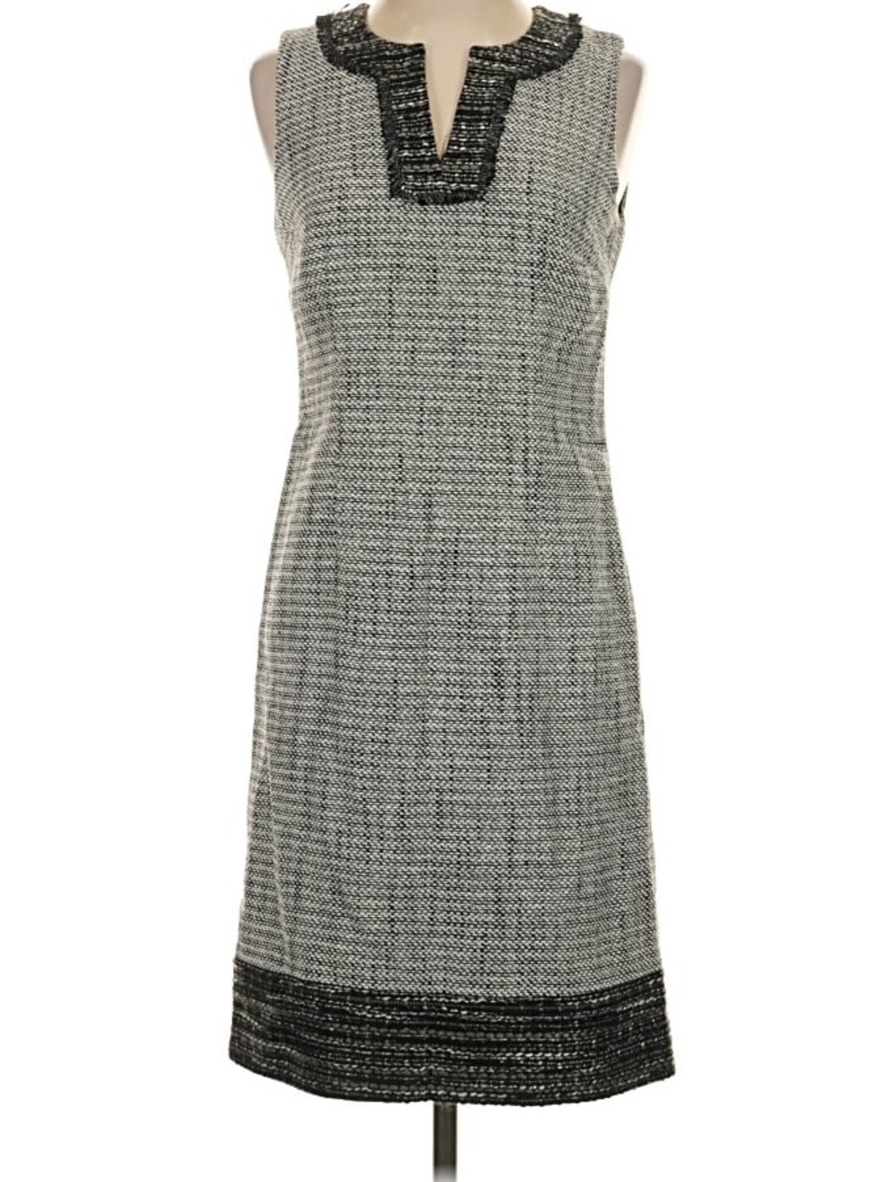 Karl Lagerfeld Paris Tweed Sheath Dress 12 Black Ivory Fringe Career Cocktail